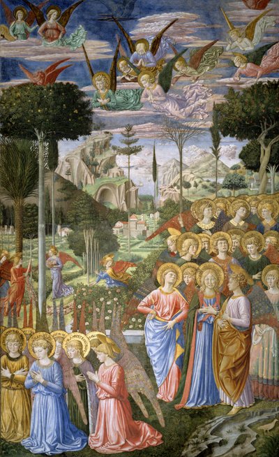 Angels in a heavenly landscape, the right hand wall of the apse, from the Journey of the Magi cycle in the chapel by Benozzo di Lese di Sandro Gozzoli